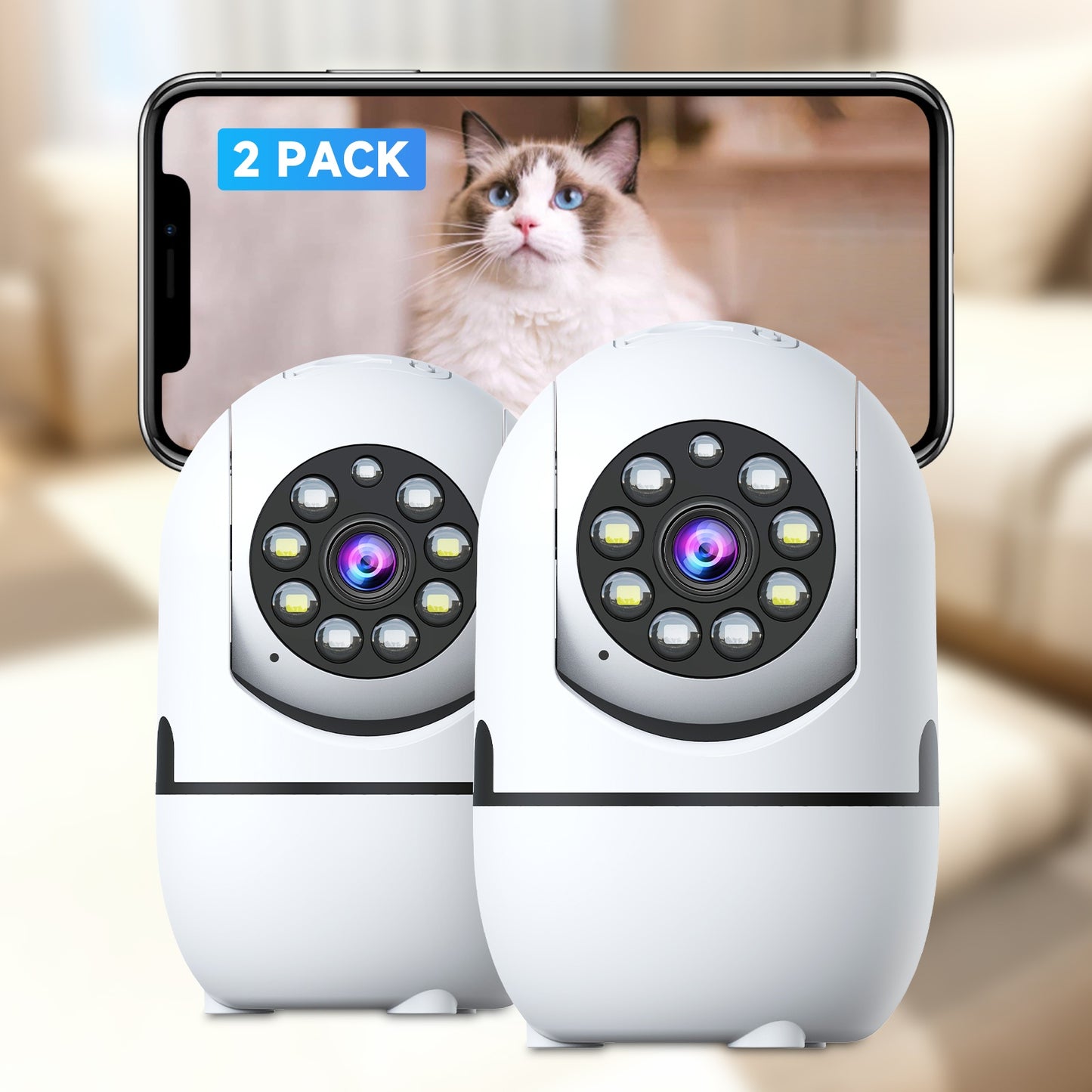 2pcs Indoor Security Camera, W/355° Pan & Tilt, 2.4G/5G Dual WiFi,