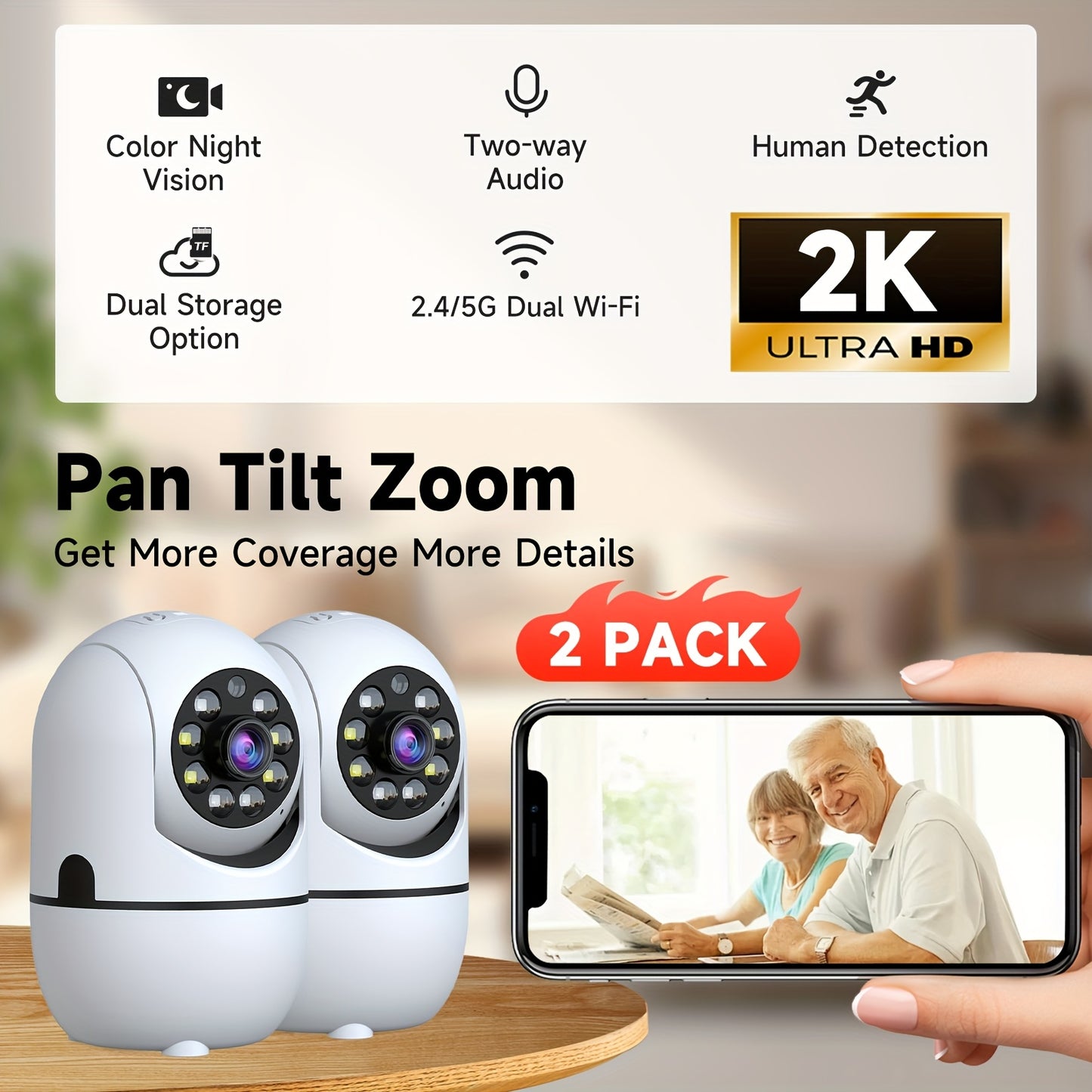 2pcs Indoor Security Camera, W/355° Pan & Tilt, 2.4G/5G Dual WiFi,