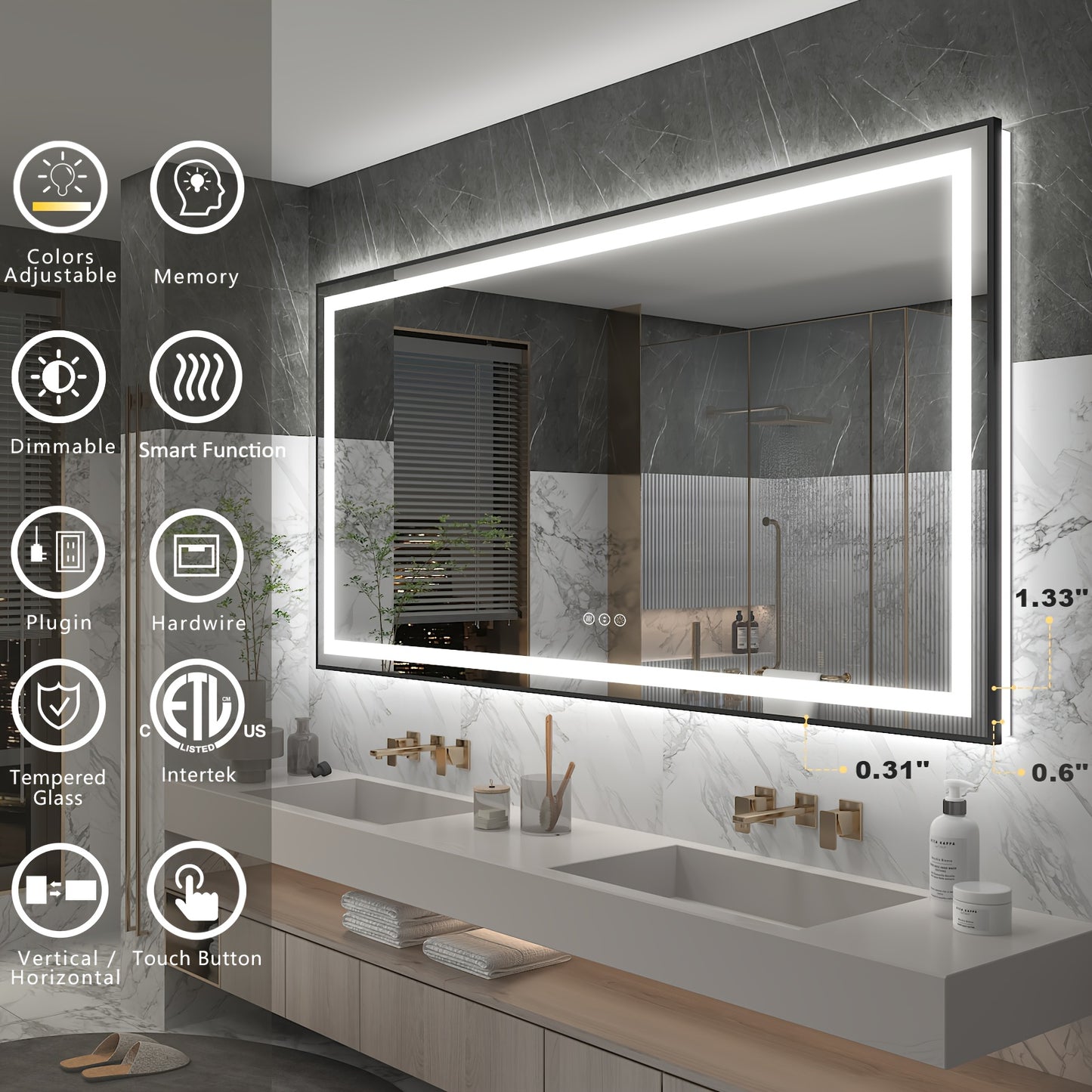 LED Bathroom Mirror with Black Frame - Backlit & Front Lighted Vanity Mirror, Shatterproof