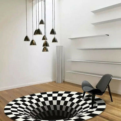 3D Vortex Carpet Black White Grid Bottomless Hole Bedroom Anti-Slip