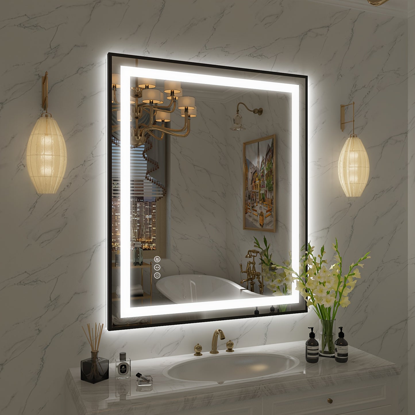 LED Bathroom Mirror with Black Frame - Backlit & Front Lighted Vanity Mirror, Shatterproof