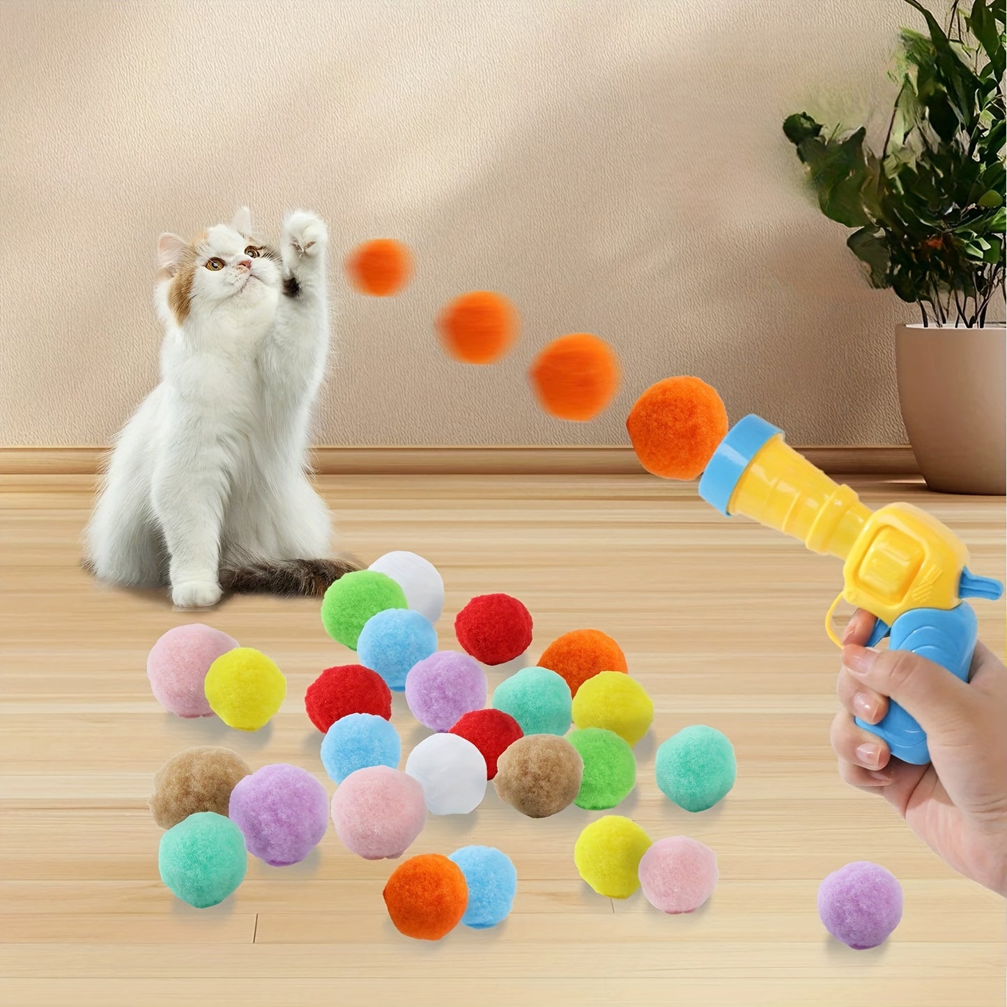 Cat Parents, Spoil Your Feline! - 30/50/100pcs Plush Pom Pom Balls + Interactive Cat Toy Gun