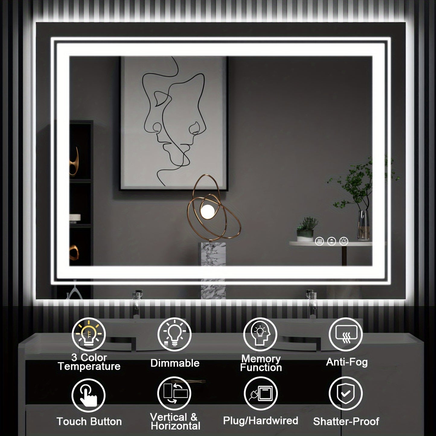 LED Vanity Mirror with Front & Back Lighting - Shatterproof Anti-Fog Mirror Suitable for &, Stepless Dimmer