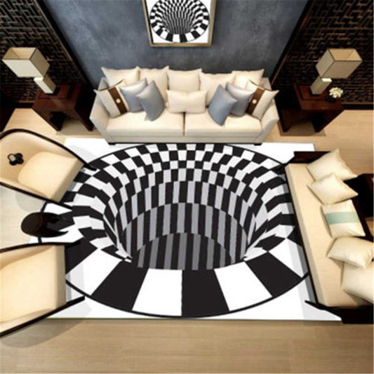 3D Vortex Carpet Black White Grid Bottomless Hole Bedroom Anti-Slip
