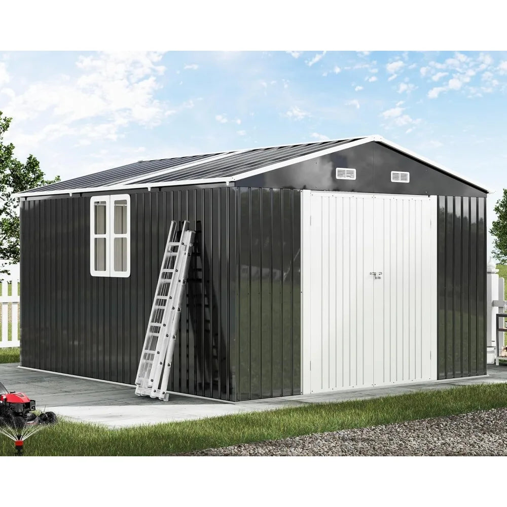 10×12 FT Metal Portable Garden Shed | Waterproof Outdoor Storage House with Double Hinged Doors & Windows (Dark Gray)