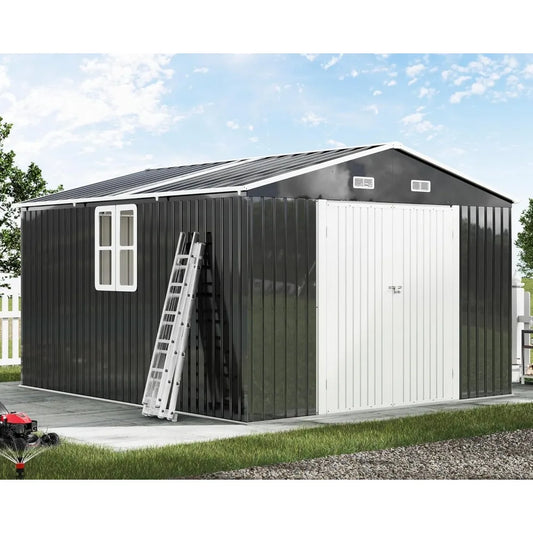 10×12 FT Metal Portable Garden Shed | Waterproof Outdoor Storage House with Double Hinged Doors & Windows (Dark Gray)
