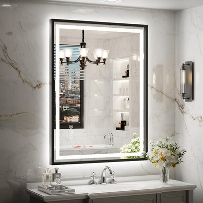 LED Bathroom Mirror with Black Frame - Backlit & Front Lighted Vanity Mirror, Shatterproof